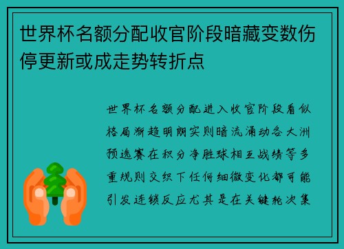 世界杯名额分配收官阶段暗藏变数伤停更新或成走势转折点 世界杯名额分配收官阶段暗藏变数伤停更新或成走势转折点