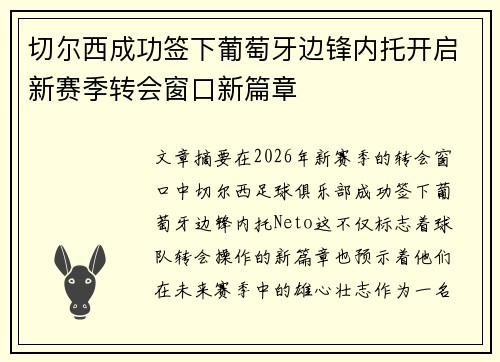 切尔西成功签下葡萄牙边锋内托开启新赛季转会窗口新篇章